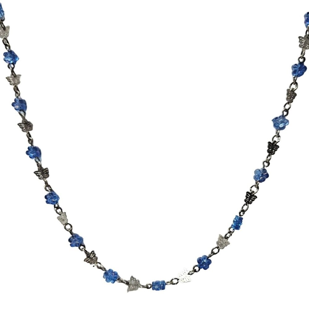 Boho Butterfly Blue Flower Chain Necklace Silver Tone Nature Fashion Jewelry